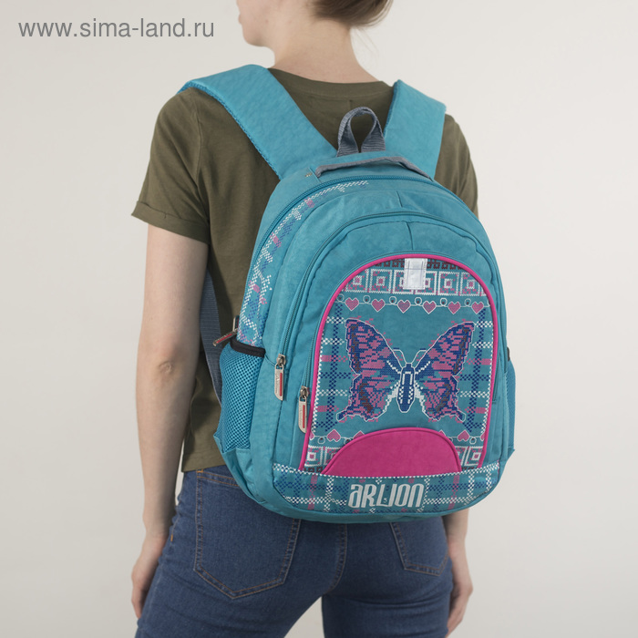 Рюкзак школьный, 2 отдела на молниях, 3 наружных кармана, цвет бирюзовый - Фото 1