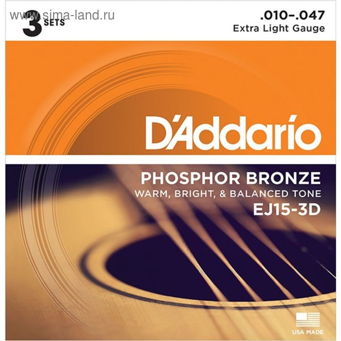 Коробка из 3 комплектов струн для акустической гитары D`Addario EJ15-3D PHOSPHOR BRONZE - Фото 1