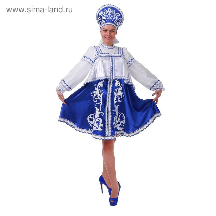 Русский женский костюм, платье с отлетной кокеткой, кокошник, цвет синий, р-р 44, рост 172 см - Фото 1