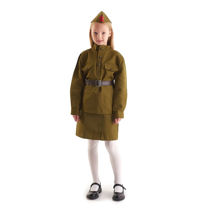 Костюм военного «Солдаточка», гимнастёрка, ремень, пилотка, юбка, 5-7 лет, рост 122-134 см - Фото 1
