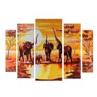 Картина модульная на подрамнике "Слоны на водопое" 2-14х53, 2-21х69,5 1-34х79; 80х118см - фото 301517913
