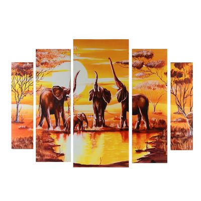 Картина модульная на подрамнике "Слоны на водопое" 2-14х53, 2-21х69,5 1-34х79; 80х118см