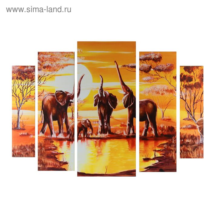 Картина модульная на подрамнике "Слоны на водопое" 2-14х53, 2-21х69,5 1-34х79; 80х118см - Фото 1