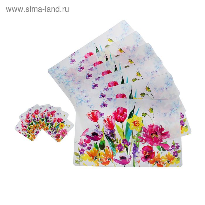 Набор салфеток сервировочных на стол «Цветы акварель», 12 шт: (6 шт - 42×27 см), (6 шт - 9×9 см) - Фото 1