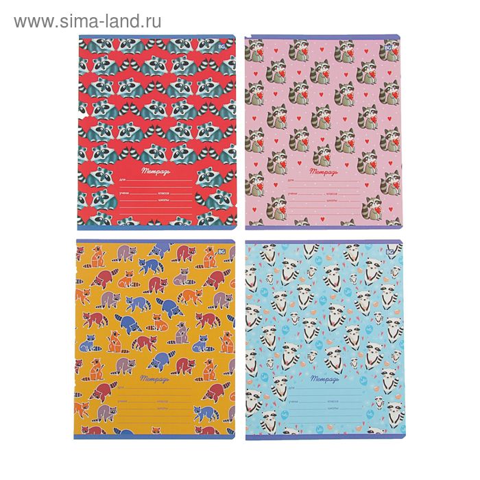 Тетрадь 18 листов клетка "Енот-pattern", картонная обложка, МИКС - Фото 1