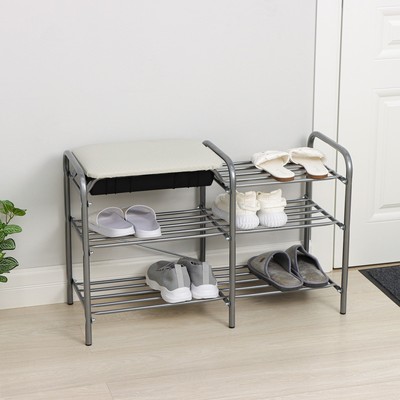 Этажерка для обуви с сиденьем и ящиком «Люкс», 3 яруса, 79×33×50 см, цвет серый