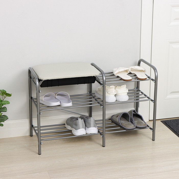 Этажерка для обуви с сиденьем и ящиком «Люкс», 3 яруса, 79×33×50 см, цвет серый - Фото 1