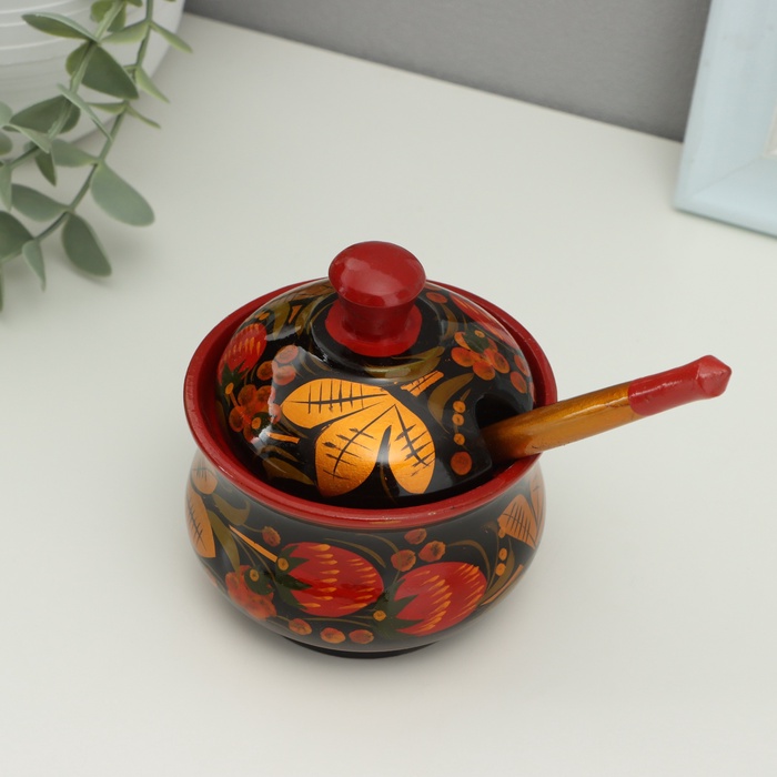 Сахарница дерево хохлома «Красота» с ложкой, 10×9 см - Фото 1