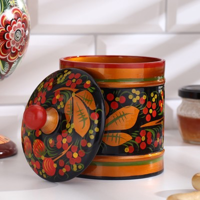 Банка для хранения сыпучих продуктов «Земляничка», кадочка средняя, 8.5×15 см, дерево, хохлома