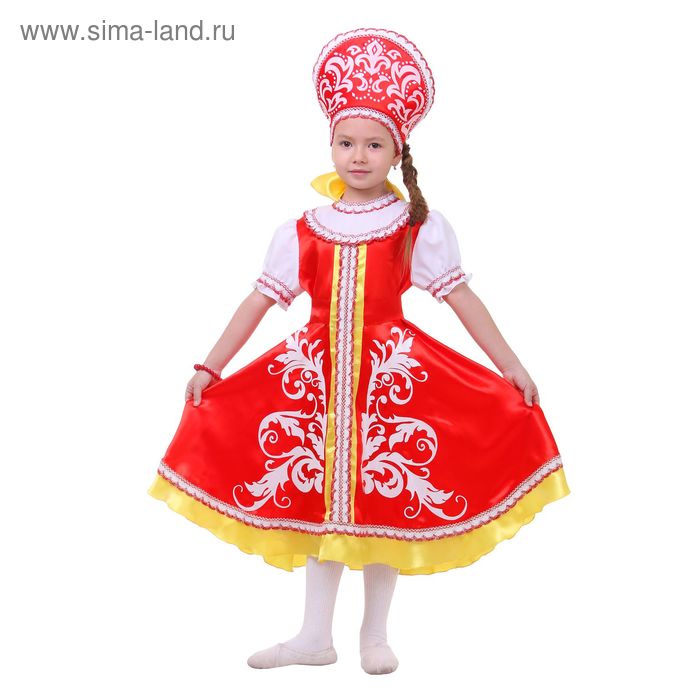 Русский костюм для девочки: платье с кокеткой, кокошник, р-р 68, рост 134-140 см, цвет красный - Фото 1