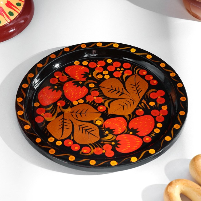 Блюдо сервировочное «Земляничка», 15×0.5 см, дерево хохлома - Фото 1