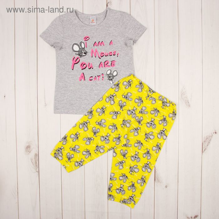 Пижама для девочки "Я мышь, ты кот" (фуфайка, капри), рост 134-140 см (34), цвет лимонный Р208725 - Фото 1