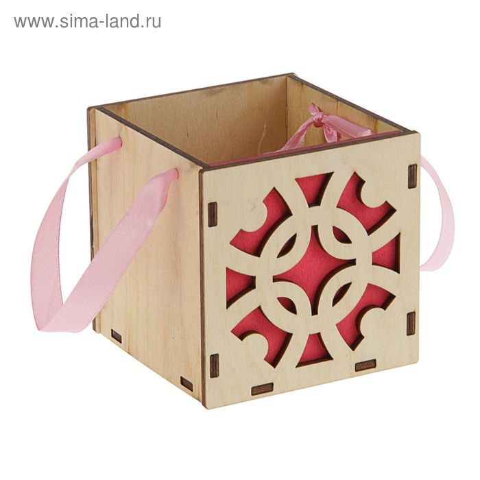 Кашпо деревянное кубическое "Орнамент", стандарт, ручка лента, красный Дарим Красиво - Фото 1
