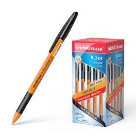 Ручка шариковая ErichKrause R-301 Orange Stick & Grip, узел 0.7 мм, стержень чёрный, резиновый упор, длина линии письма 1000 метров