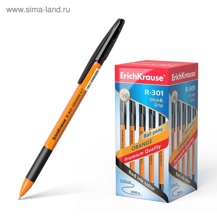 Ручка шариковая ErichKrause R-301 Orange Stick & Grip, узел 0.7 мм, стержень чёрный, резиновый упор, длина линии письма 1000 метров - Фото 1