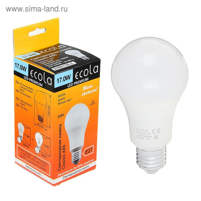 Лампа светодиодная Ecola Premium, 17 Вт, A65, 220-240 В, E27 6500 K (композит) 128x65 - Фото 1