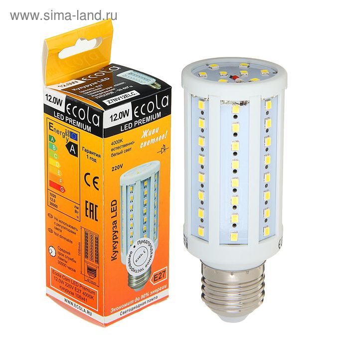 Лампа светодиодная Ecola Corn Premium, 12 Вт, 220 В, E27 4000 K ,кукуруза, 108x41 - Фото 1