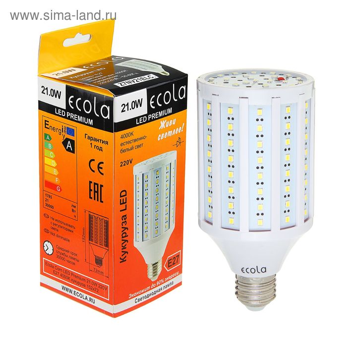 Лампа светодиодная Ecola Corn Premium, 21 Вт, 220 В, E27 4000 K ,кукуруза, 152x72 - Фото 1
