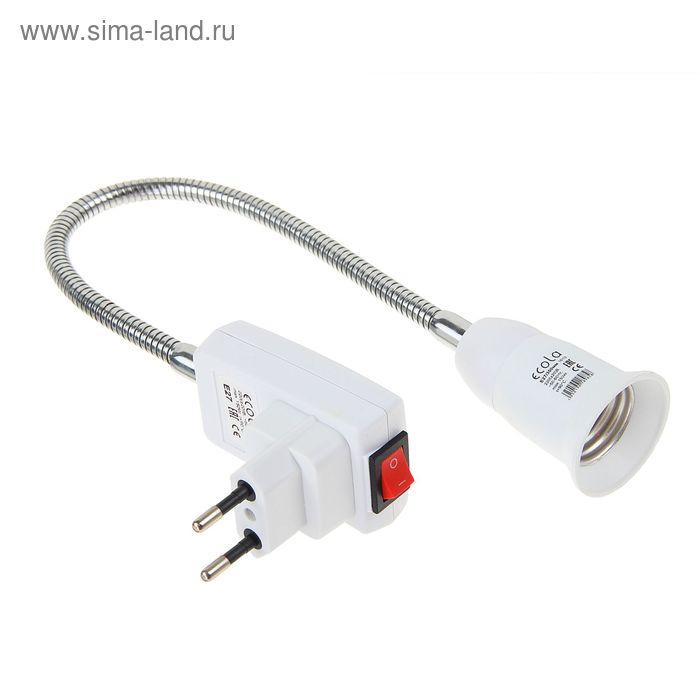 Переходник Ecola, вилка - патрон, E27, 300×40 мм, c выключателем, гибкий, белый - Фото 1