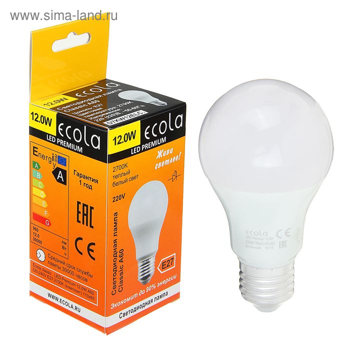 Лампа светодиодная Ecola Premium, A60, 12 Вт, E27, 2700 K, 110x60 мм - Фото 1