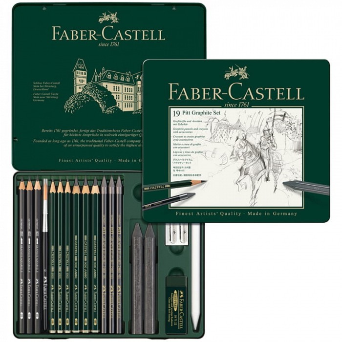 Карандаши художественные (набор) Faber-Castell PITT Monochrome, 19 штук, в металлической коробке - Фото 1