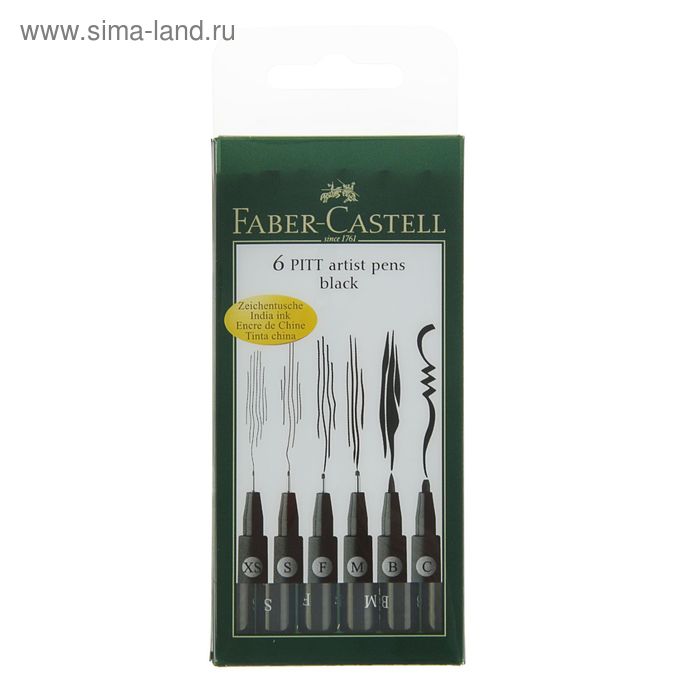 Набор ручек капиллярных Faber-Castell PITT® Artist 6 штук (линеры XS, S, F, M; кисть B, С), цвет черный - Фото 1