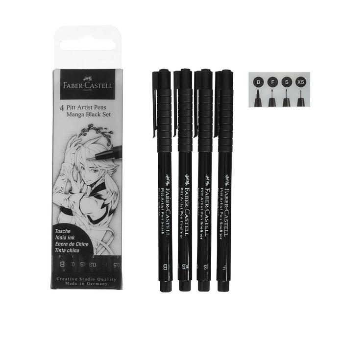 Набор ручек капиллярных 4 штуки (линеры XS, S, F; кисть B), Faber-Castell PITT® Artist Pen Manga, цвет черный - Фото 1
