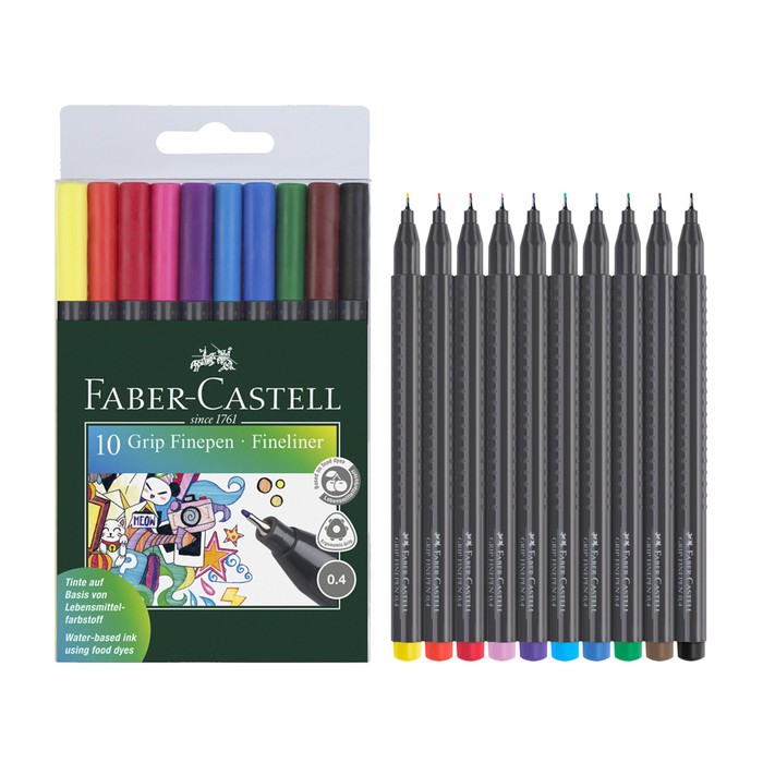 Набор ручек капиллярных 10 цветов Faber-Castell GRIP 0.4 мм в пластиковом футляре 151610 - Фото 1