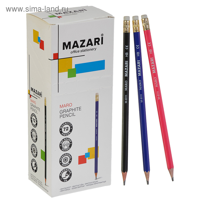Карандаш чернографитный Mazari HB Maro М-6111, пластиковый, шестигранный с ластиком - Фото 1