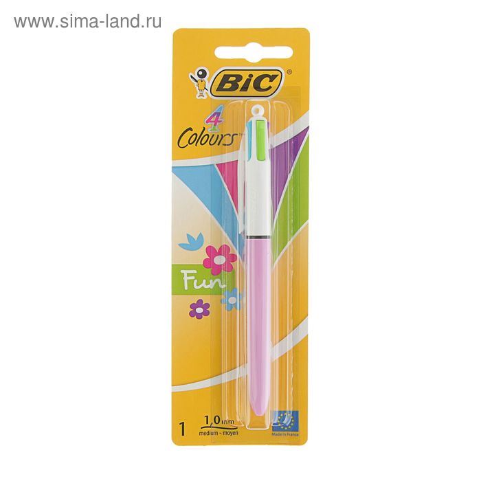 Ручка шариковая автоматическая многоцветная 4 цвета BIC 4 Сolours Fun, узел 1.0мм, чернила: розовые, пурпурные, бирюзовые, лайм, блистер - Фото 1
