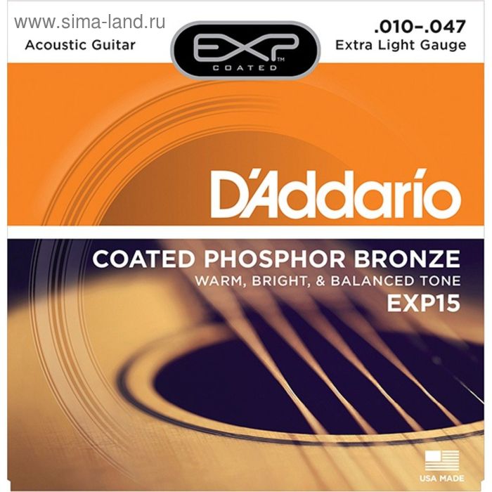 Струны для акустической гитары D`Addario EXP15 COATED PHOSPHOR BRONZE Extra Light 10-47 - Фото 1