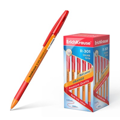Ручка шариковая Erich Krause R-301 Orange Stick & Grip, узел 0.7 мм, чернила красные, резиновый упор, длина линии письма 1000 метров