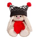 Мягкая игрушка "Зайка Ми" в черной шапке с помпонами и красном шарфике, 15 см - Фото 2