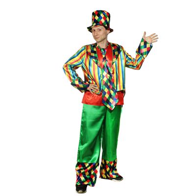 Взрослый карнавальный костюм "Клоун", шляпа, фрак, безрукавка, брюки, галстук, р-р 48-50, рост 182 см