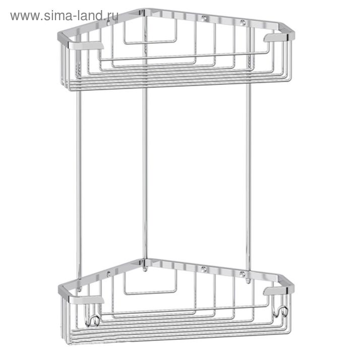 Угловая полочка-решётка с крючками, двухъярусная, размер 23 х 23 см, хром - Фото 1