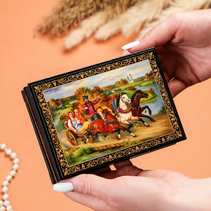 Шкатулка «Тройка в поле», 10×14 см, лаковая миниатюра - фото 1906854789