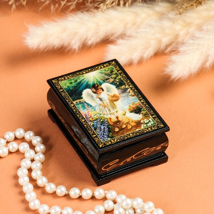 Шкатулка «Ангелочек с птичками», 6×9 см, лаковая миниатюра - фото 1906854793