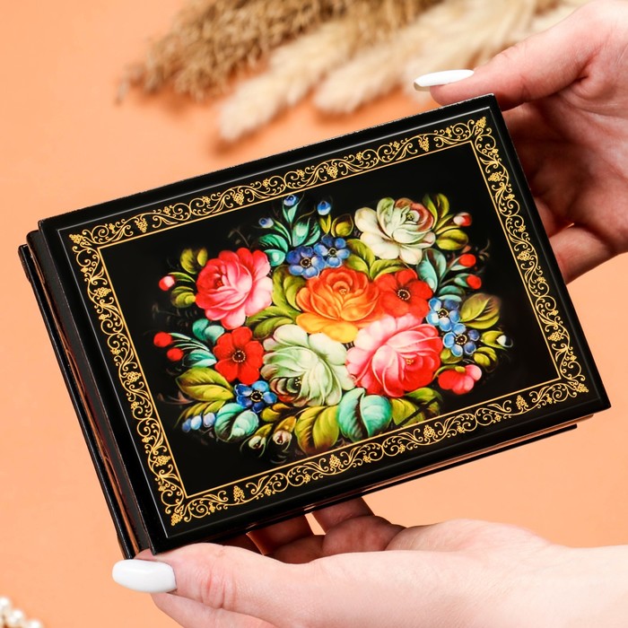 Шкатулка «Цветы на чёрном», 11х16 см, лаковая миниатюра - фото 1906854819