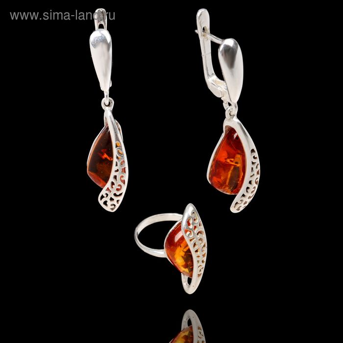 Гарнитур посеребрение 2 предмета: серьги, кольцо «Янтарь» резная вставка, цвет МИКС, размер 18 - Фото 1