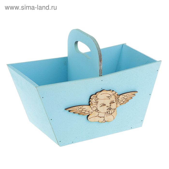 Кашпо корзинка для цветов и подарков с ангелом, ручка разделитель, голубой Дарим Красиво - Фото 1