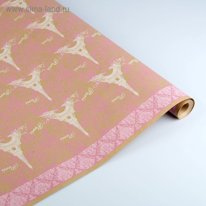 Бумага упаковочная крафт "Париж", с каймой бело-розовая на коричневом, 70 см х 8,5 м - Фото 1