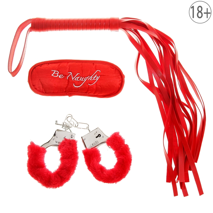 Набор влюбленных, 3 предмета: плетка, наручники, повязка, цвет красный - фото 3594780