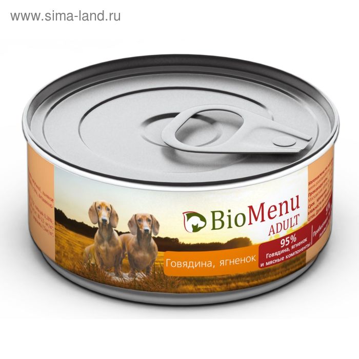 Консервы BioMenu ADULT для собак говядина/ягненок 95%-мясо , 100гр - Фото 1