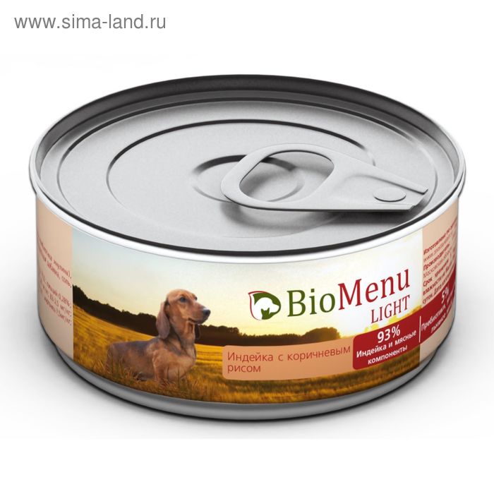 Консервы BioMenu LIGHT для собак индейка с коричневым рисом 93%-мясо , 100гр - Фото 1
