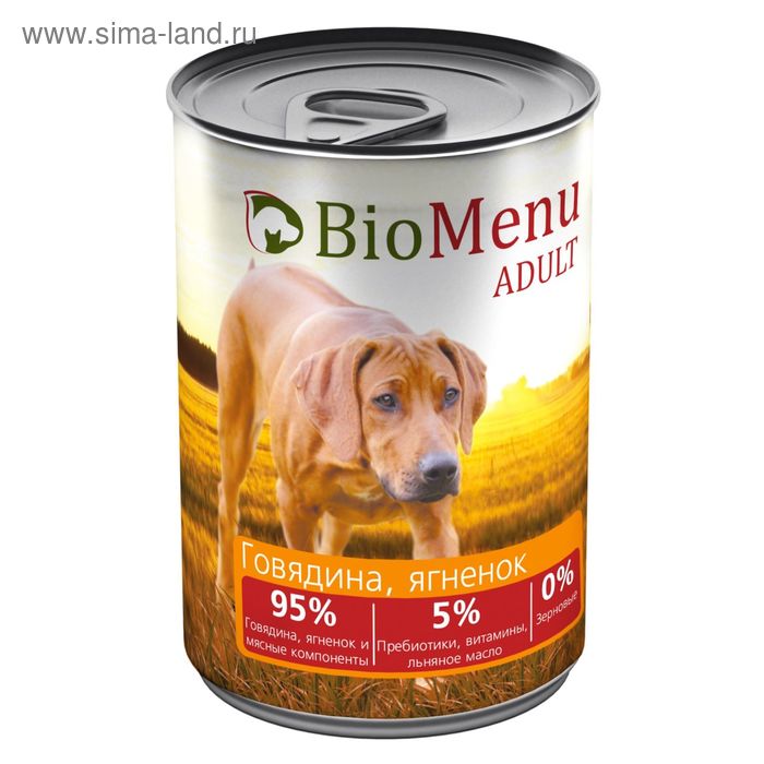 Консервы BioMenu ADULT для собак говядина/ягненок 95%-мясо , 410гр - Фото 1