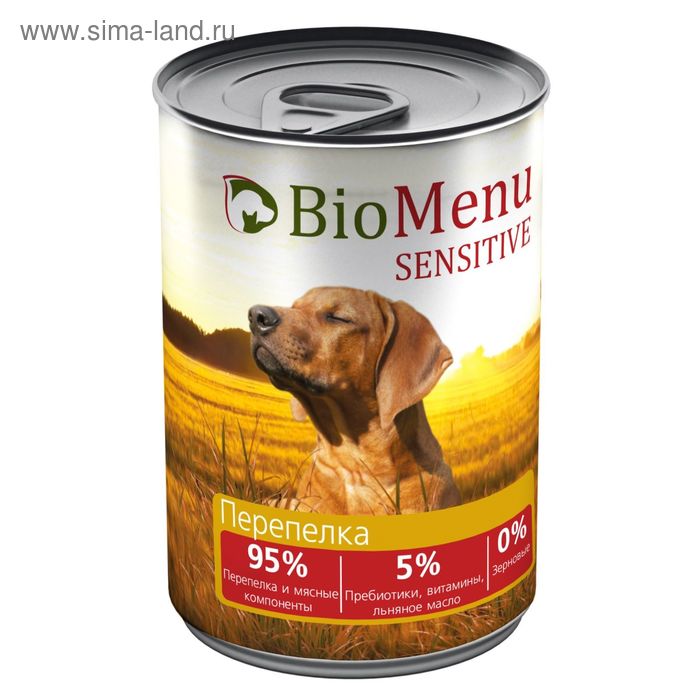 Консервы BioMenu SENSITIVE для собак Перепелка  95%-мясо , 410гр - Фото 1