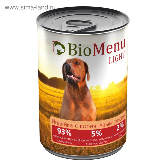 Консервы BioMenu LIGHT для собак индейка с коричневым рисом  93%-мясо , 410гр - Фото 1