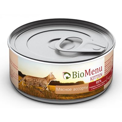 Консервы BioMenu KITTEN для котят, паштет мясное ассорти  95%-мясо, 100 г.