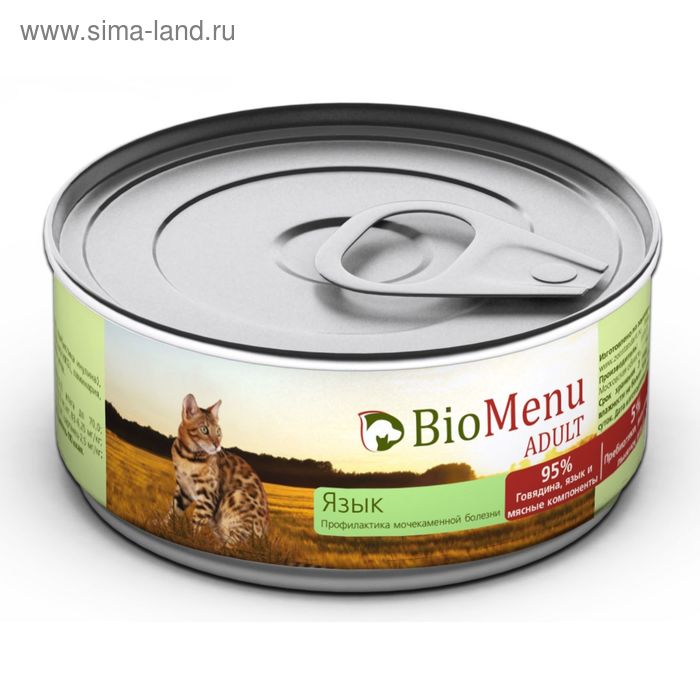 Консервы BioMenu ADULT для кошек, мясной паштет с языком 95%-мясо, 100 г. - Фото 1