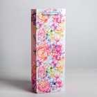 Пакет подарочный ламинированный под бутылку, упаковка, «Цветы и бабочки», 13 х 36 х 10 см - фото 3665667